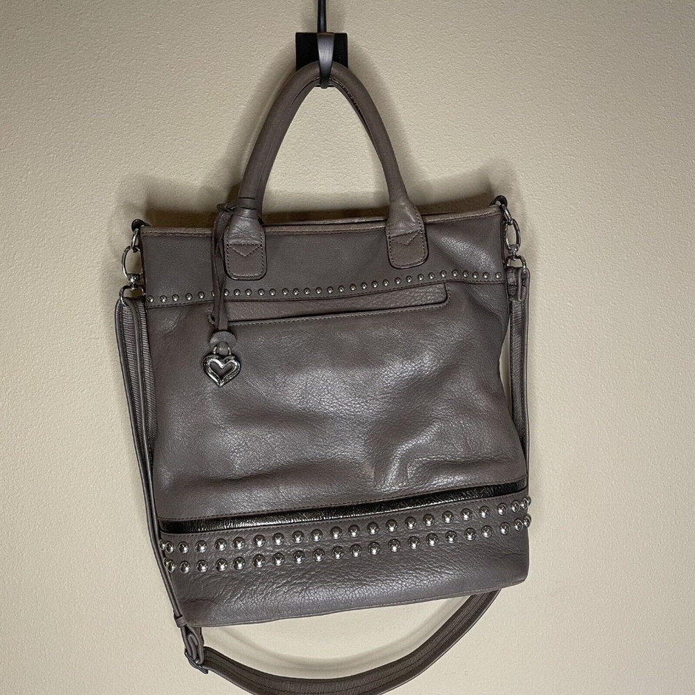 Brighton Rockwell Gray Tote Handbag Shoulder Strap Bag Pretty Tough with Studs